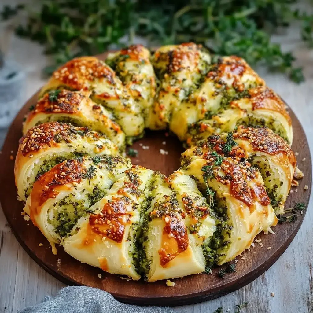 Cheesy pesto roll wreath beautifully arranged for a festive gathering