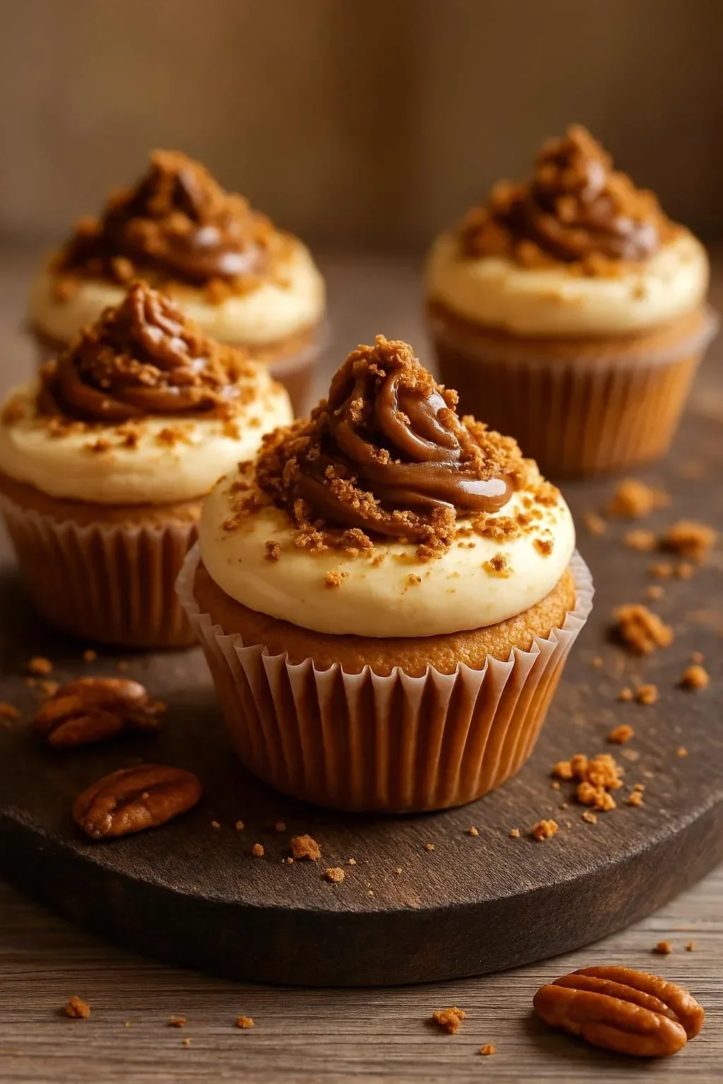 Delicious cookie butter cheesecake cups topped with whipped cream and cookie crumbles