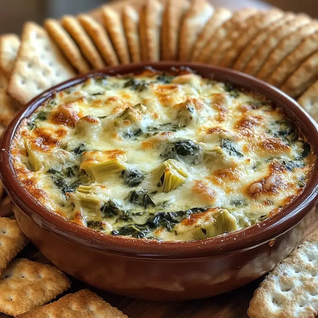 Creamy spinach artichoke dip served in a bowl with tortilla chips on the side