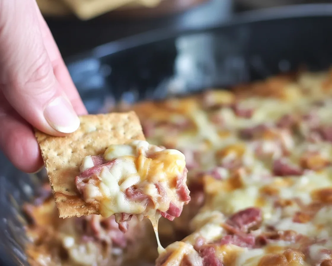 Crockpot Reuben Dip served with crispy rye bread, perfect for parties and gatherings.