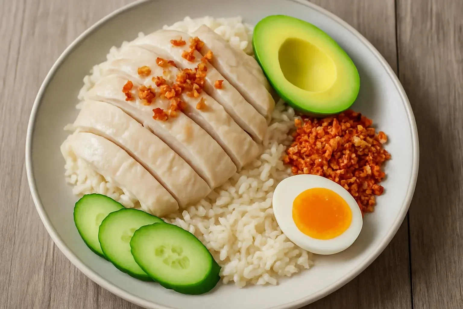 Delicious plate of Hainan Chicken Rice with vibrant sauces and herbs