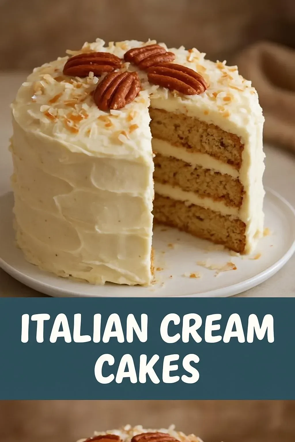 Slice of delicious Italian Cream Cake topped with cream cheese frosting and pecans.