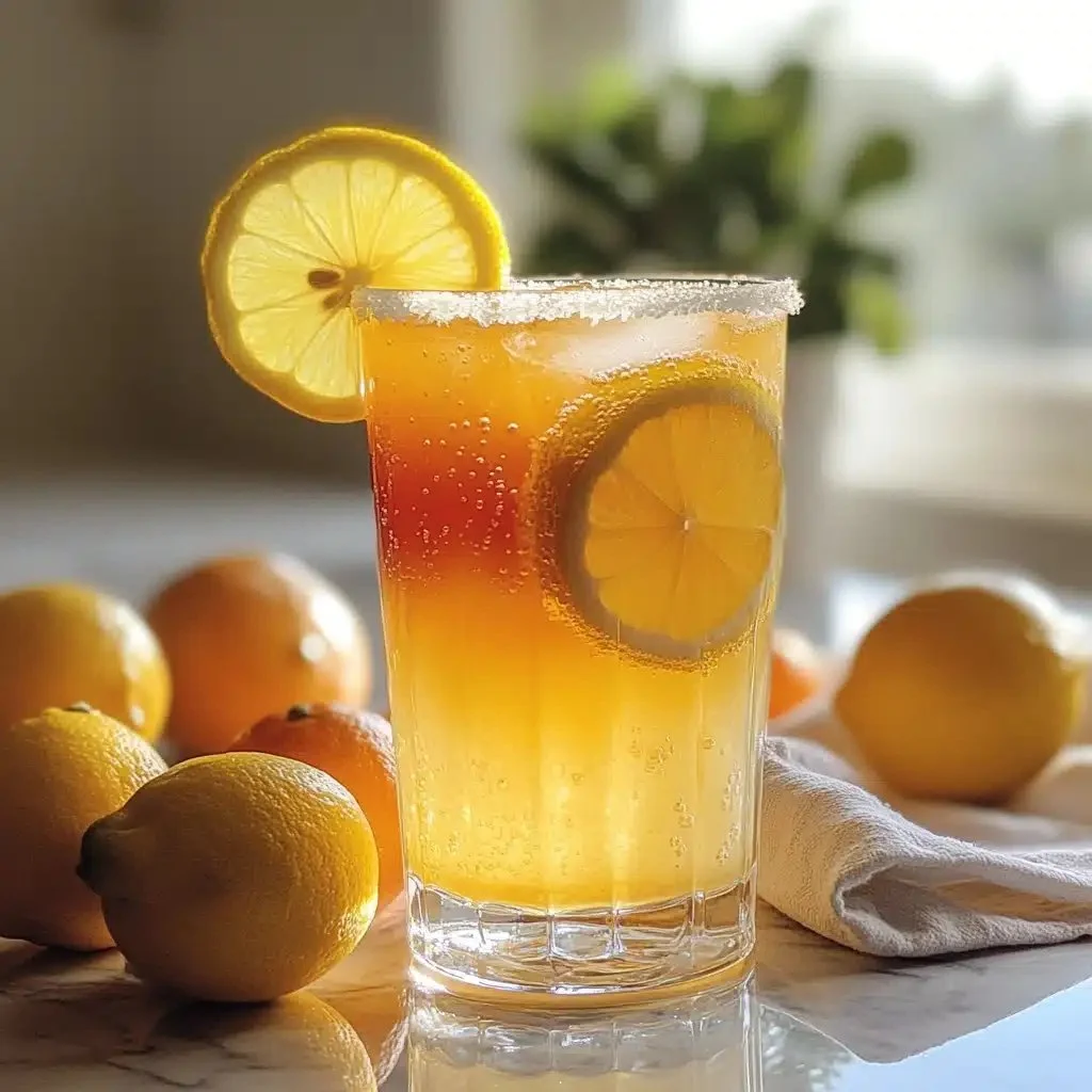 Limoncello sunrise mocktail garnished with citrus fruits in a glass