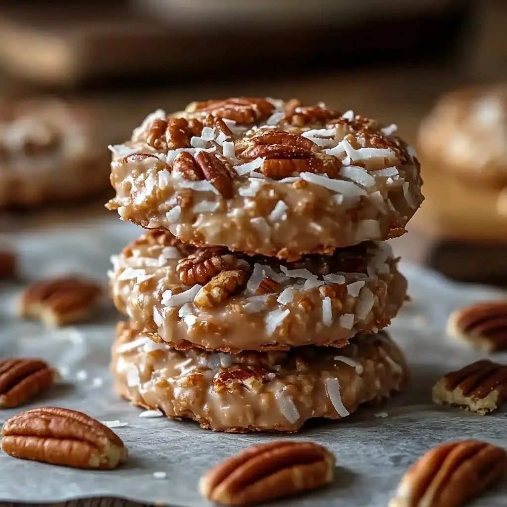 No bake coconut pecan praline cookies on a plate ready to serve