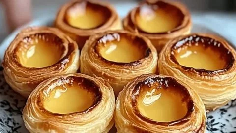 Homemade Pastel de Nata topped with powdered sugar and cinnamon in a pastry dish