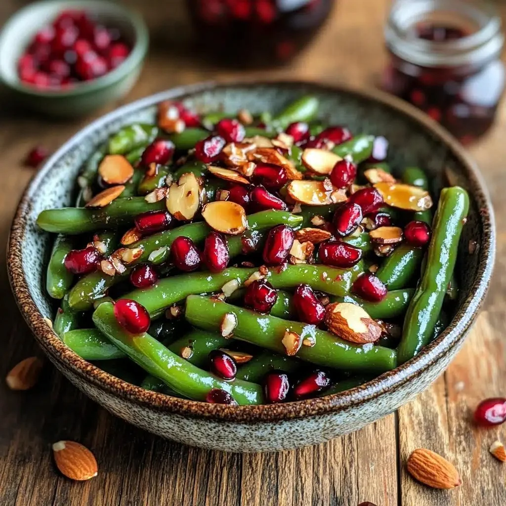 Pomegranate-glazed green beans served on a festive holiday table