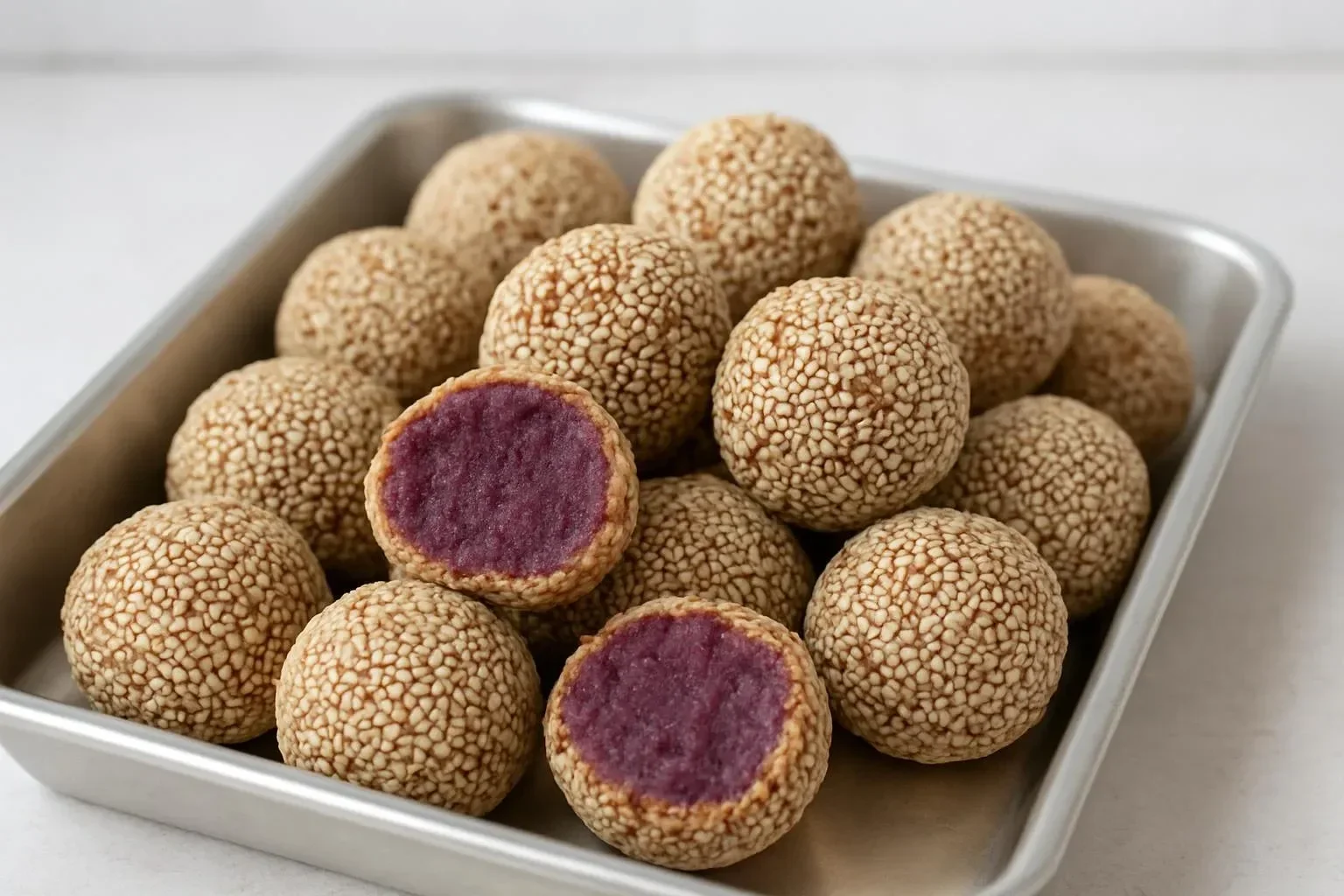 Delicious red bean sesame balls dusted with sesame seeds on a rustic plate.