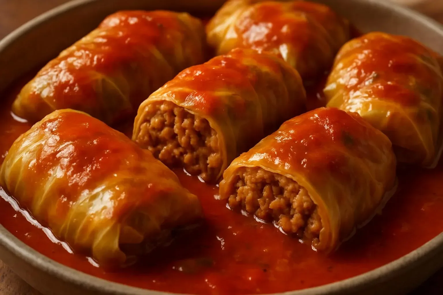 Plate of delicious stuffed cabbage rolls served with tomato sauce and herbs