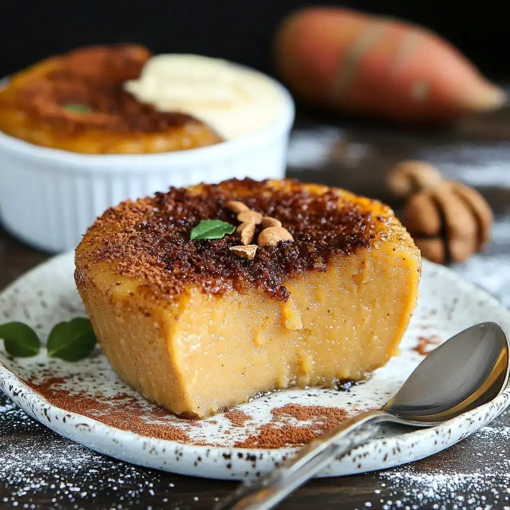 Irresistible sweet potato pudding topped with whipped cream and spices