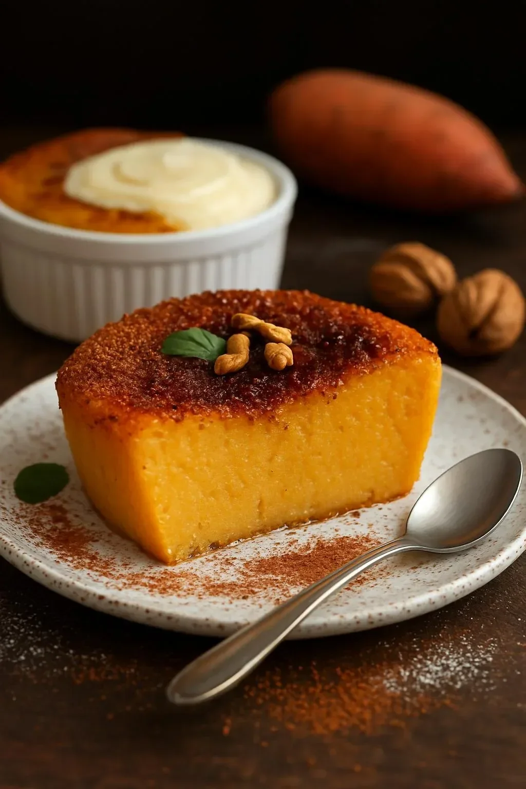 Delicious sweet potato pudding topped with caramel and spices, served in a bowl.