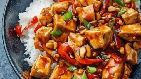 Delicious Vegan Kung Pao Tofu served with vegetables and peanuts