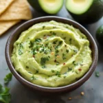 Deliciously creamy avocado dip served with tortilla chips on a plate.