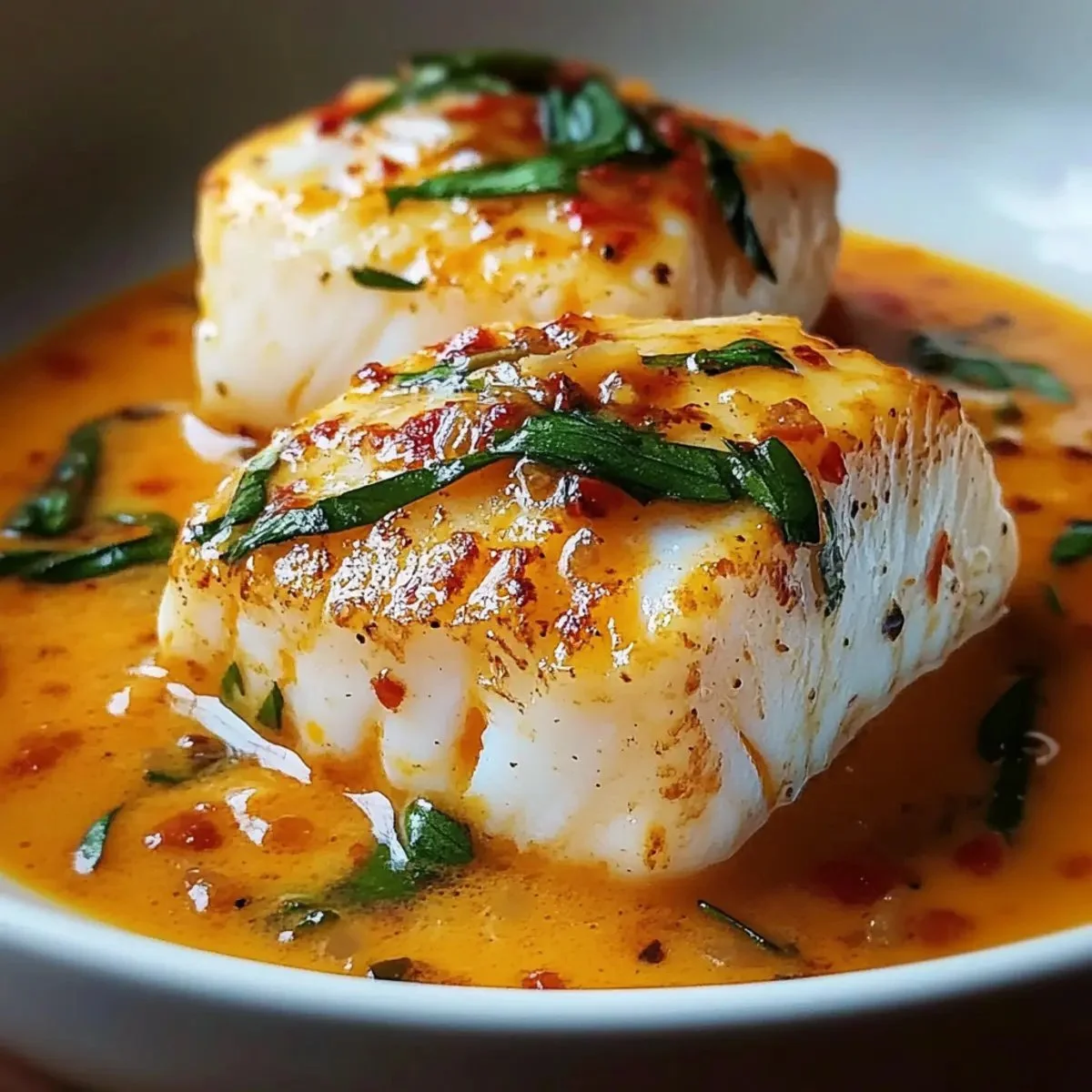 Delicious cod fillet served in vibrant roasted red pepper sauce