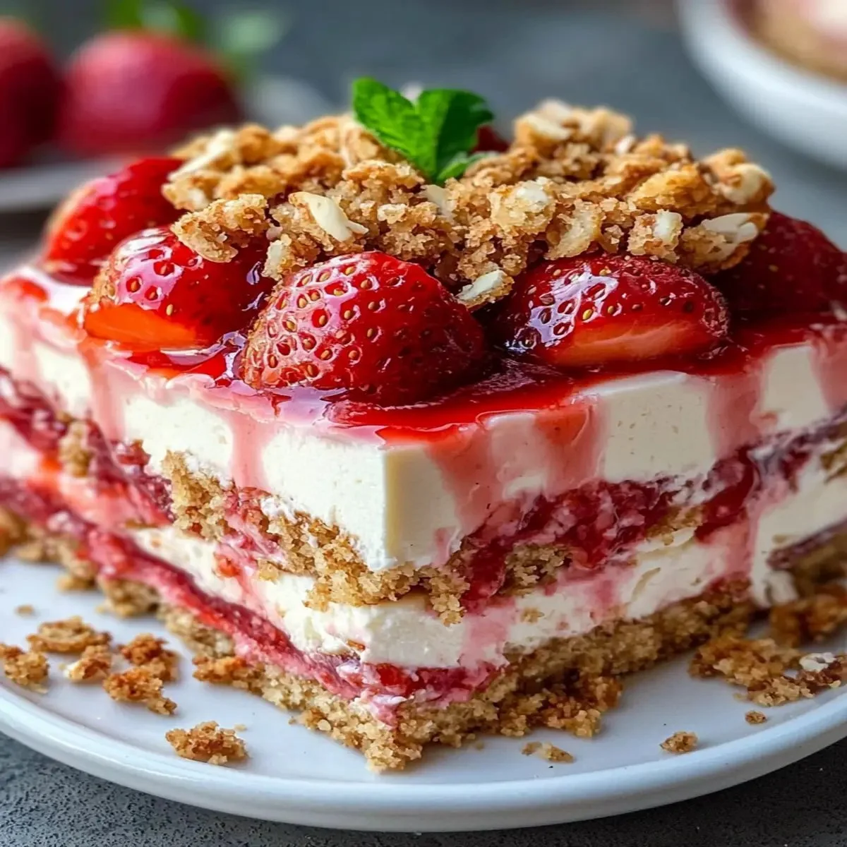 Slice of strawberry crunch cheesecake topped with fresh strawberries and crunch topping
