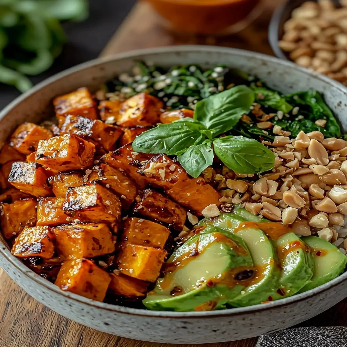 Thai Peanut Buddha Bowl with sweet potatoes and fresh vegetables