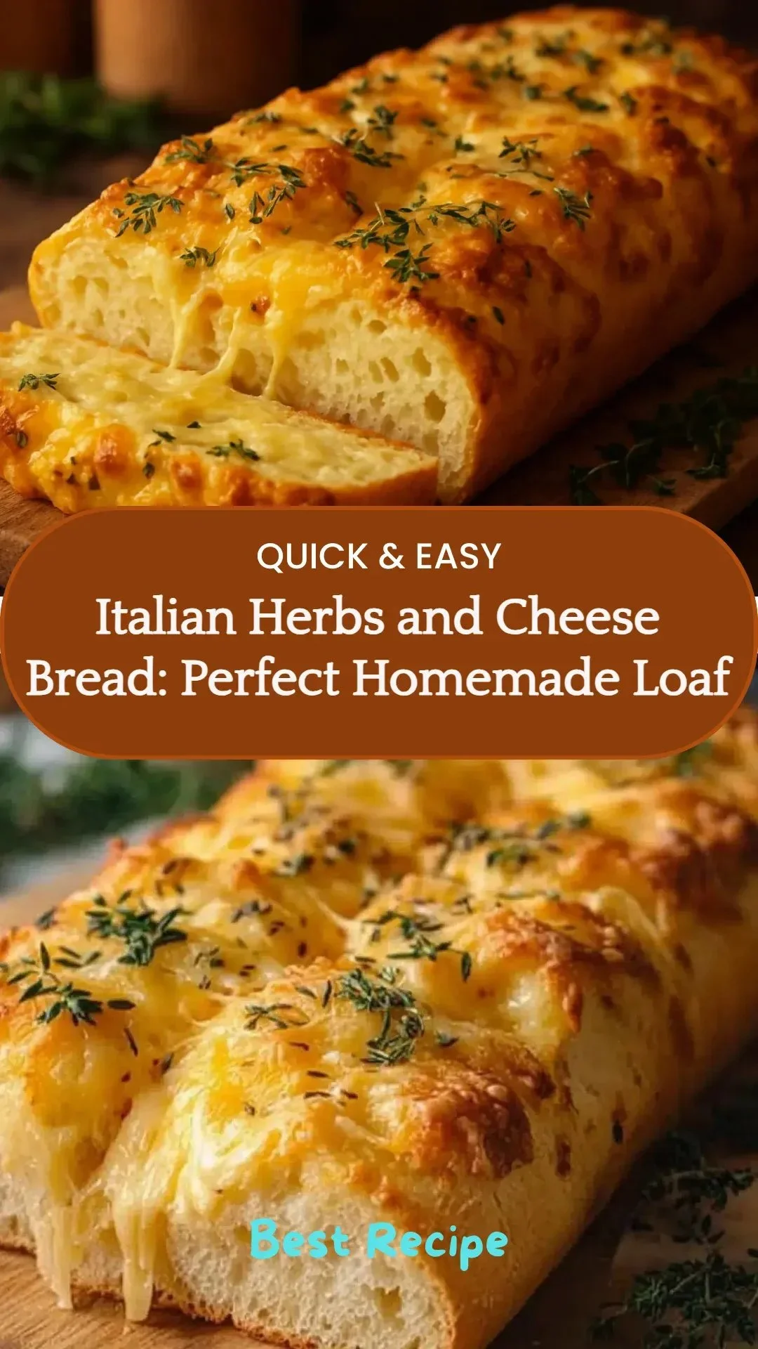 Italian Herbs and Cheese Bread fresh out of the oven, garnished with herbs.