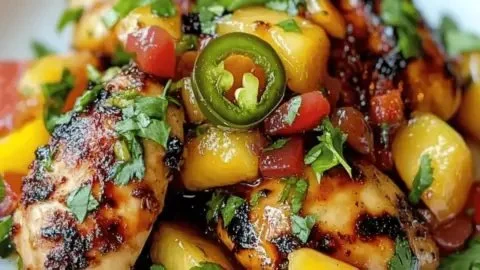 Jalapeno peach chicken on a plate garnished with fresh herbs