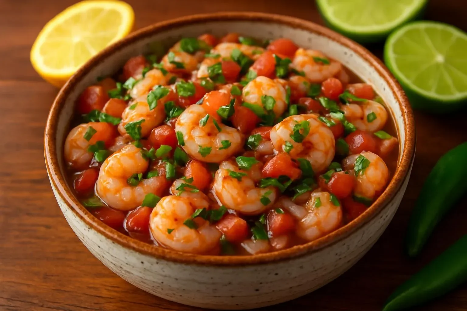 Delicious Mexican shrimp cocktail with fresh ingredients and vibrant colors