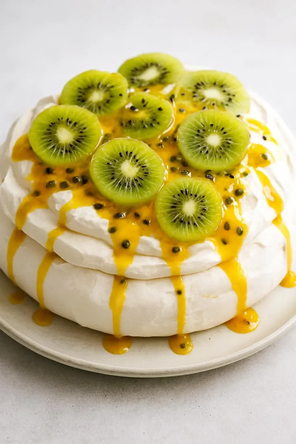 Delicious Kiwi and Passionfruit Pavlova dessert topped with fresh fruits.