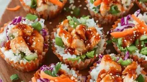 Korean BBQ chicken rice cups served on a wooden platter for meal prep