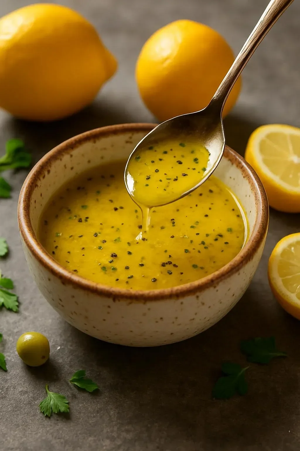Homemade lemon vinaigrette dressing in a glass jar with lemon slices.
