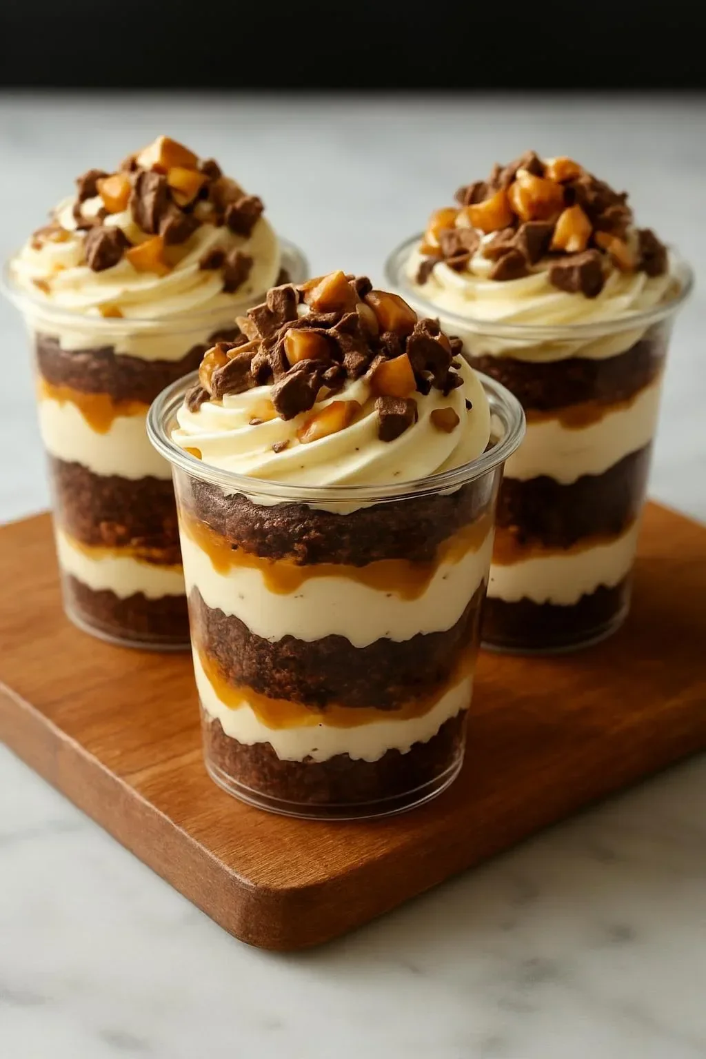 Delicious loaded brownie cheesecake cups topped with chocolate ganache.
