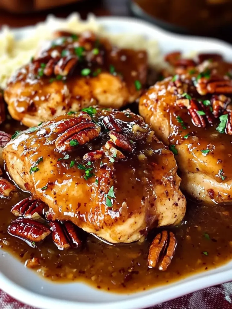 Delicious Maple Bourbon Pecan Chicken garnished with pecans and maple glaze