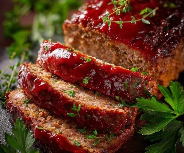 Meatloaf with a sweet glaze served on a plate, garnished with parsley.