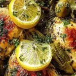 Mediterranean Lemon Chicken served with artichokes and olives on a plate