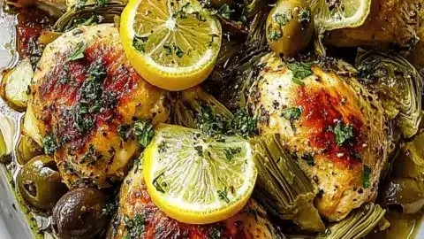 Mediterranean Lemon Chicken served with artichokes and olives on a plate