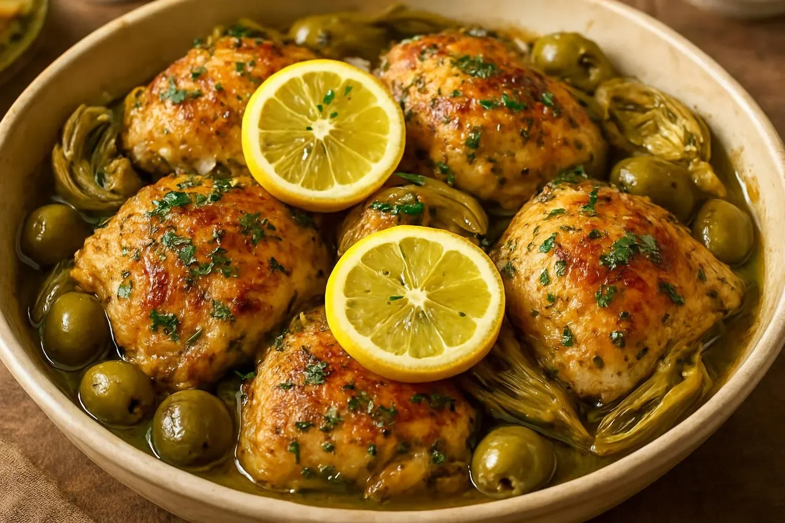 Delicious Mediterranean Lemon Chicken with Artichokes and Olives served on a plate