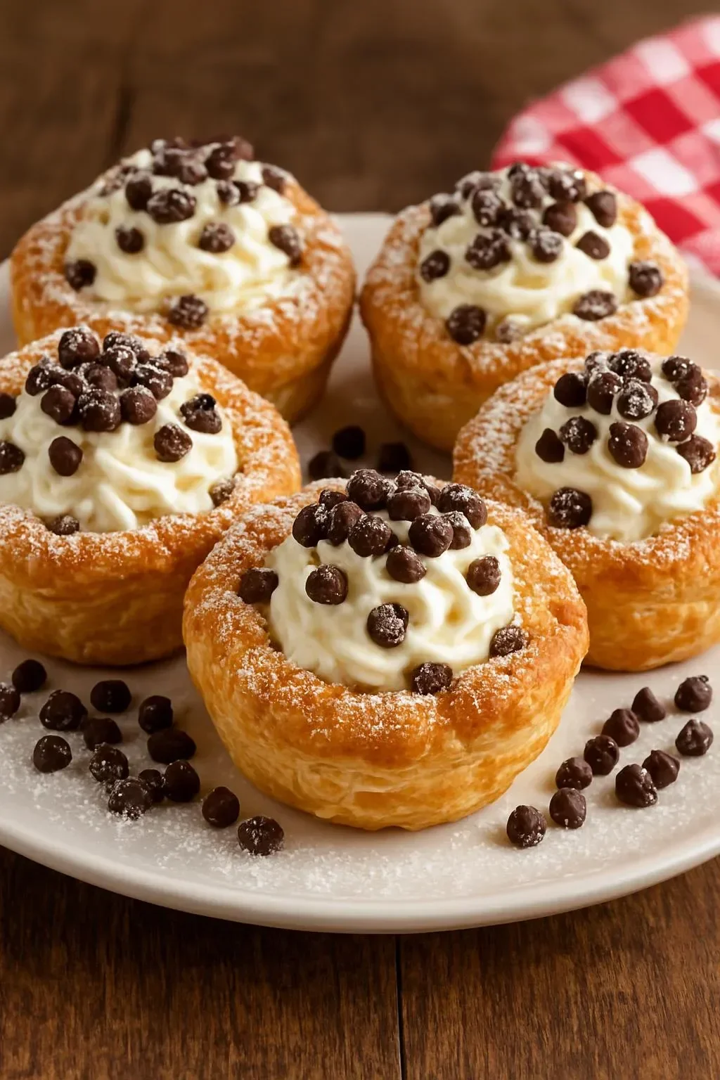 Mini cannoli cups filled with sweet cream and chocolate chips