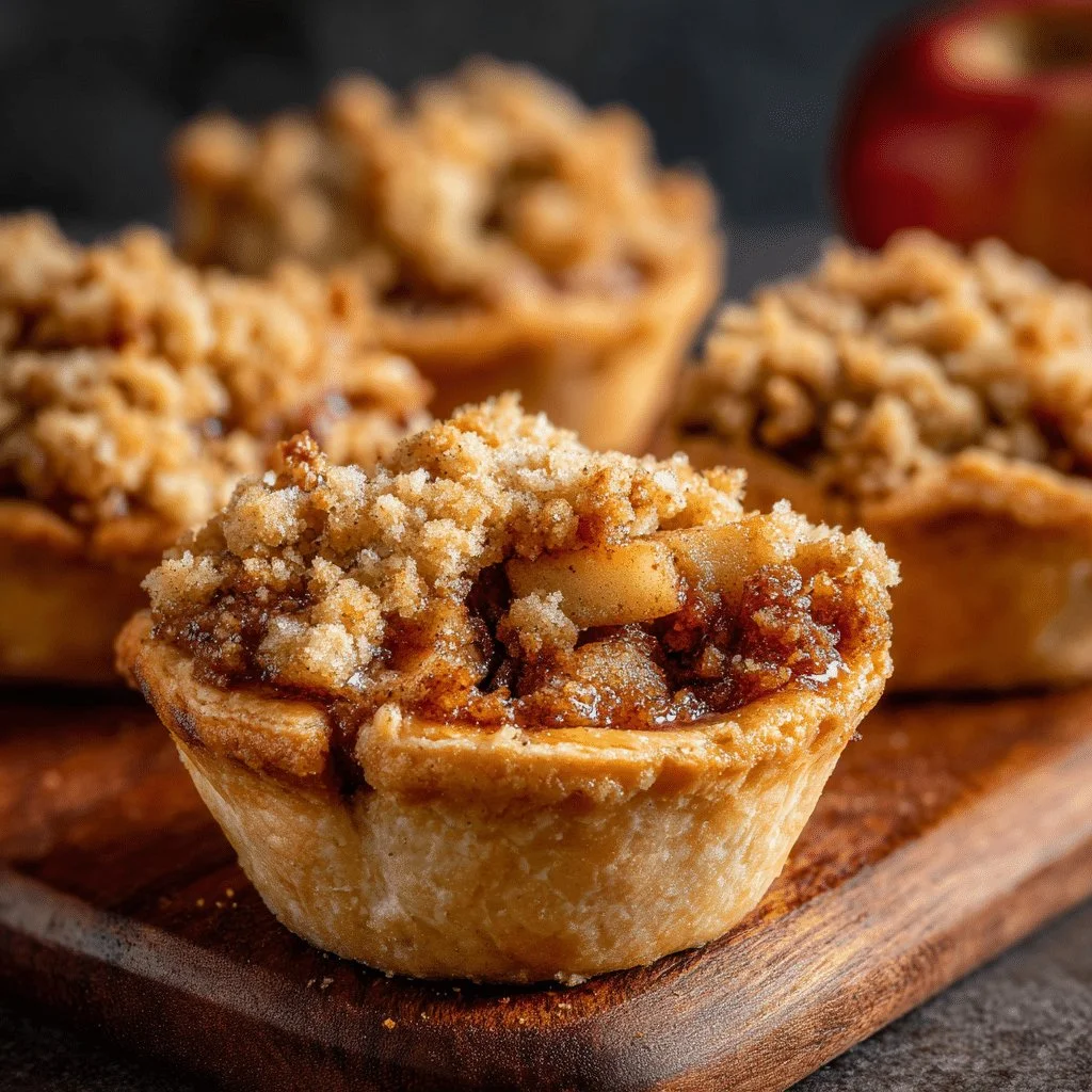 Mini cinnamon apple pies with a golden crumble topping on a plate.