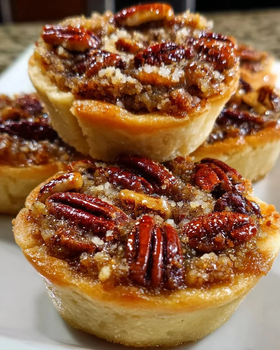 Mini pecan pies on a plate, garnished with whipped cream