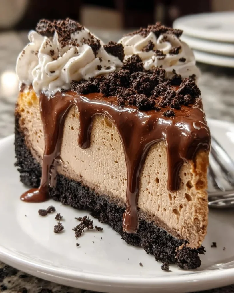 Decadent mocha cheesecake with chocolate and coffee flavors.