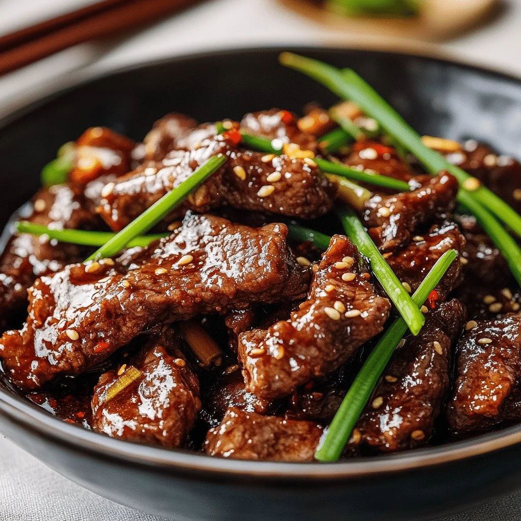 Delicious Mongolian Beef with crispy flank steak served on a plate