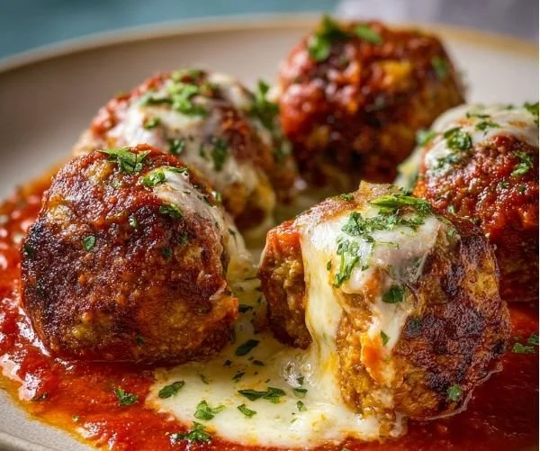 Delicious mozzarella stuffed meatballs served on a plate with marinara sauce