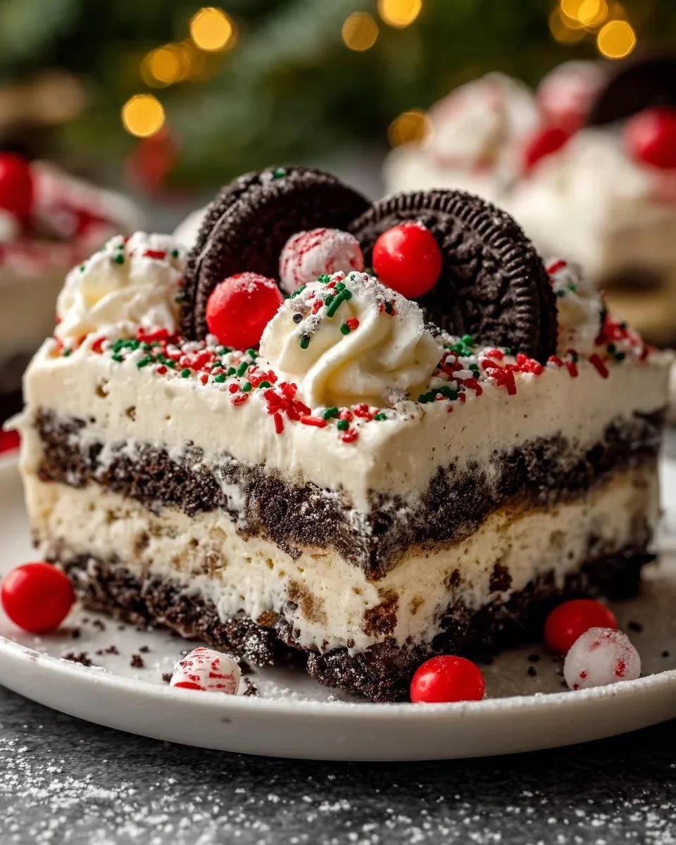 No-Bake Christmas Oreo Lasagna dessert with layers of Oreos and creamy filling