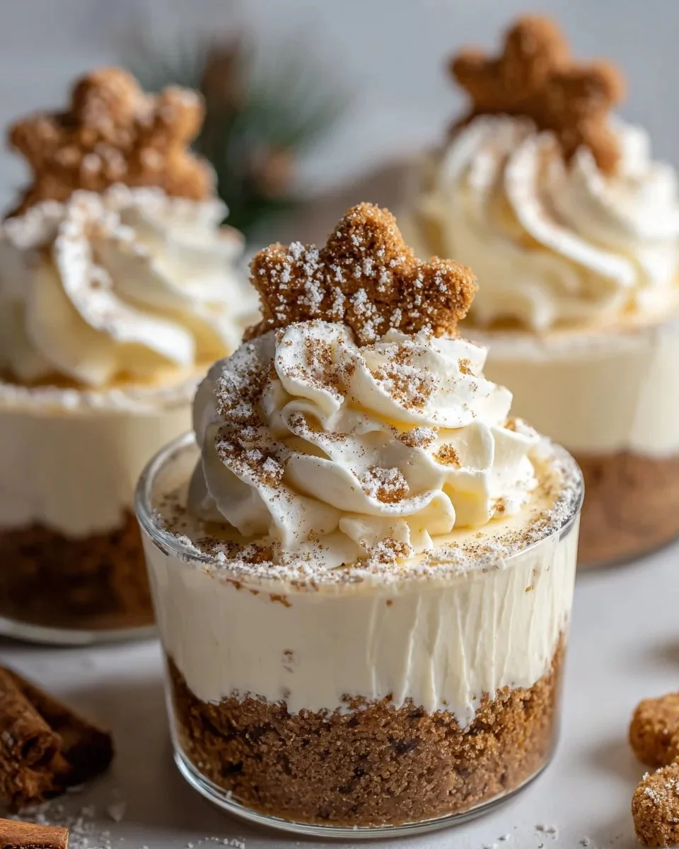 Delicious no-bake gingerbread cheesecake cups topped with festive decorations.