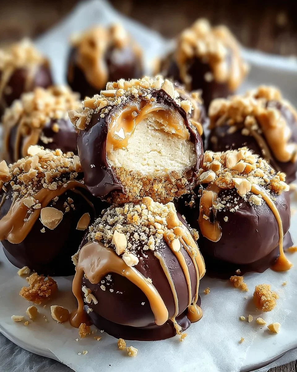 Delicious no-bake peanut butter cheesecake balls on a plate.