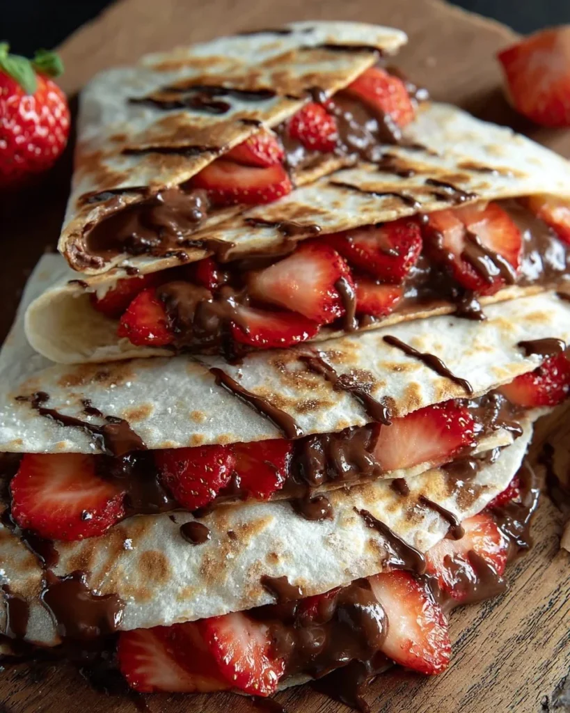 Nutella strawberry quesadilla drizzled with chocolate syrup and sliced strawberries