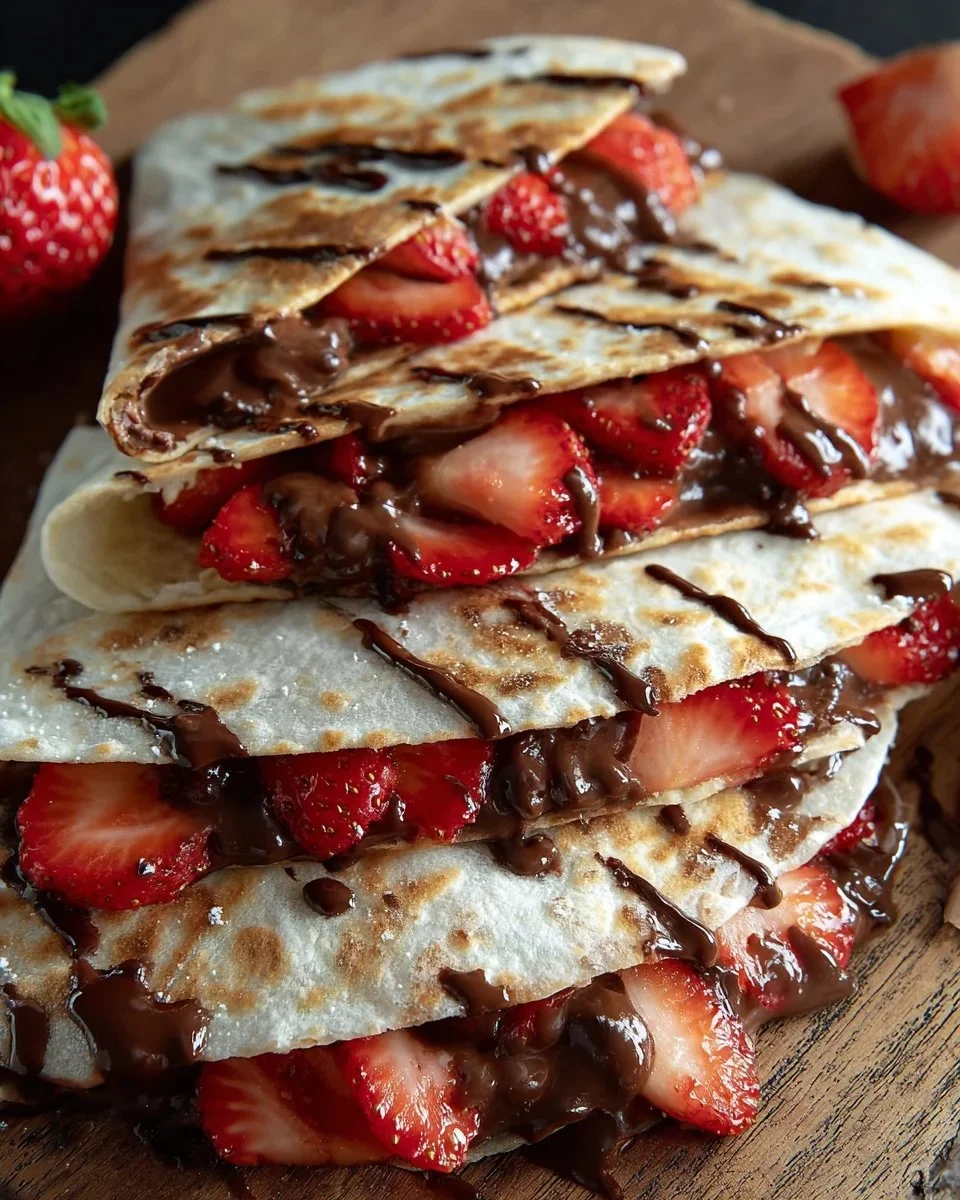 Nutella strawberry quesadilla drizzled with chocolate syrup and sliced strawberries