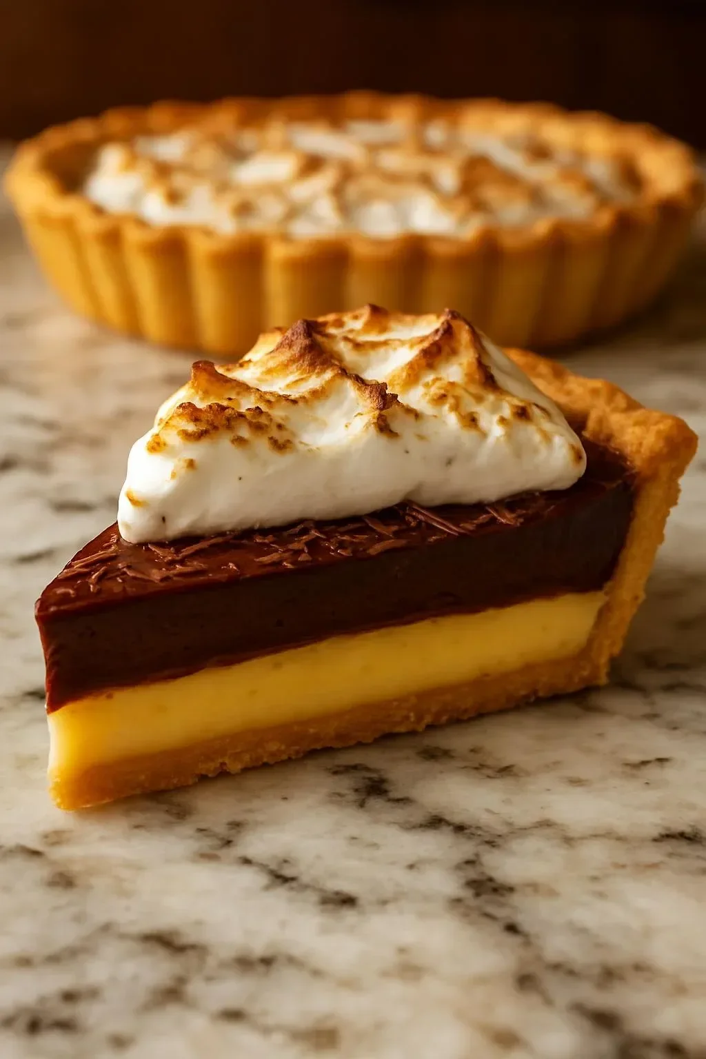Delicious old-fashioned chocolate pie topped with whipped cream and chocolate shavings
