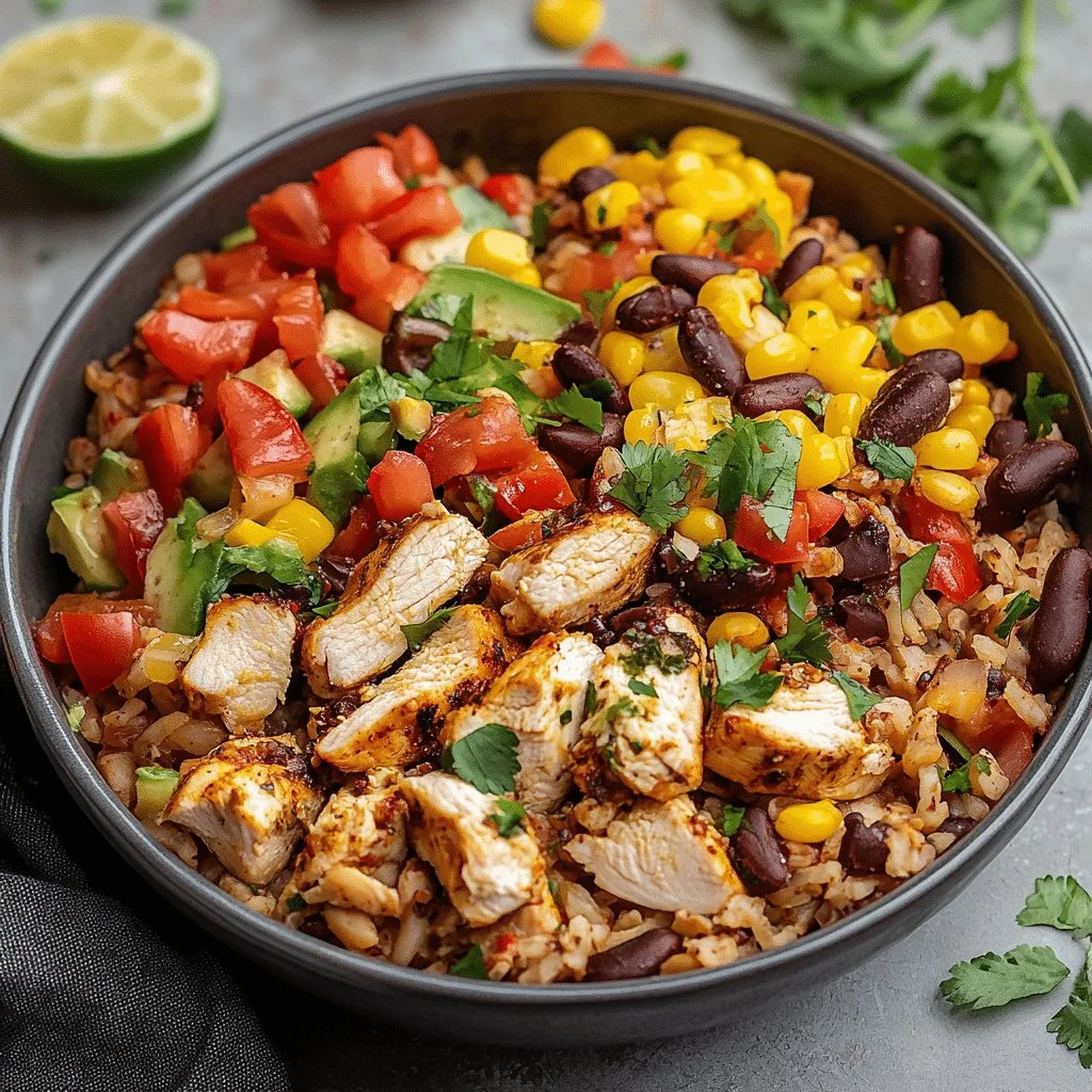 One Pan Chicken Burrito Bowl with chicken, rice, and fresh toppings