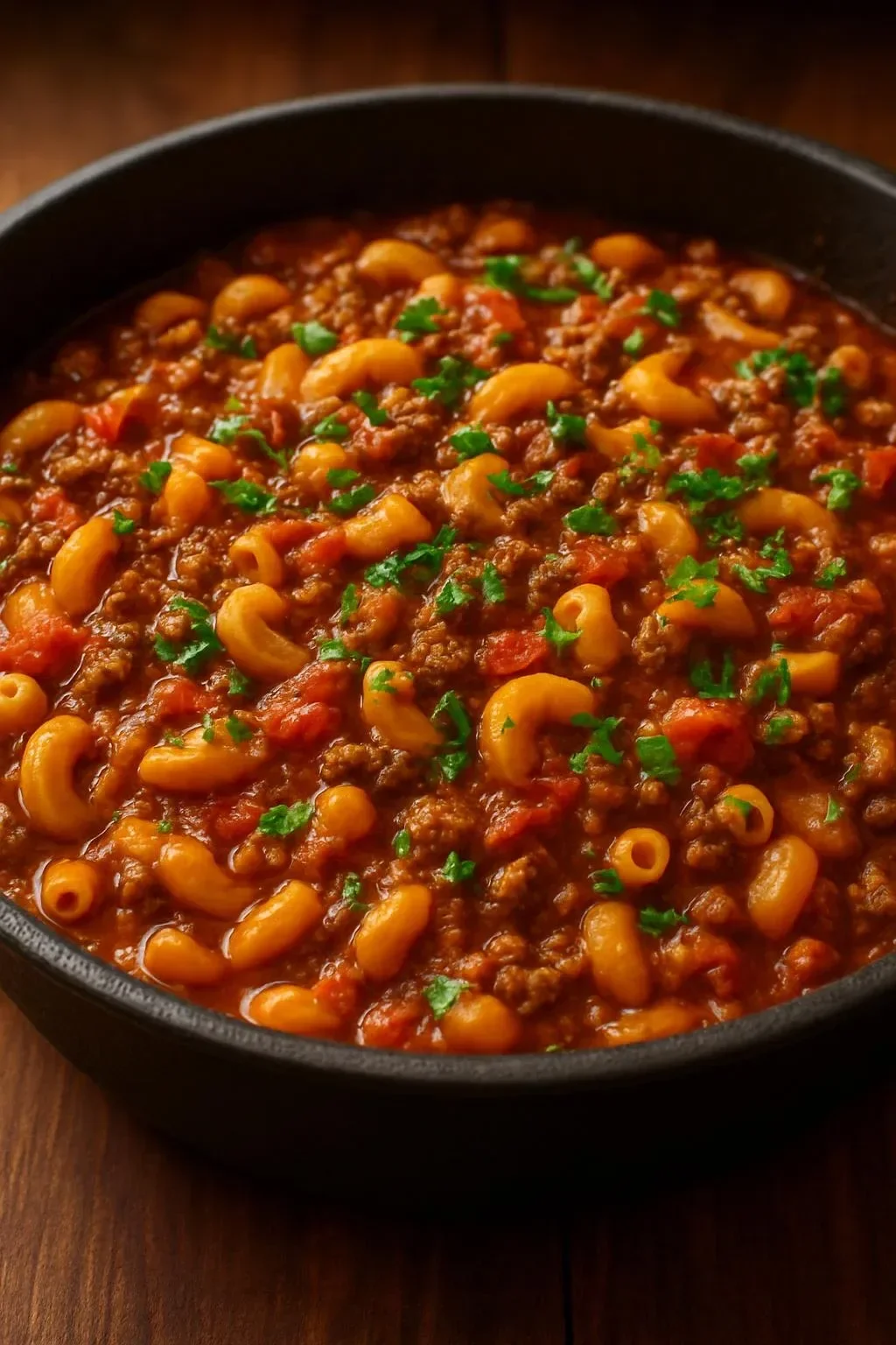 One Pot American Goulash with pasta and meat in a skillet