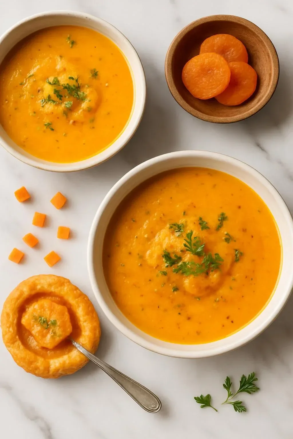 Bowl of creamy carrot lentil soup garnished with herbs and served with bread