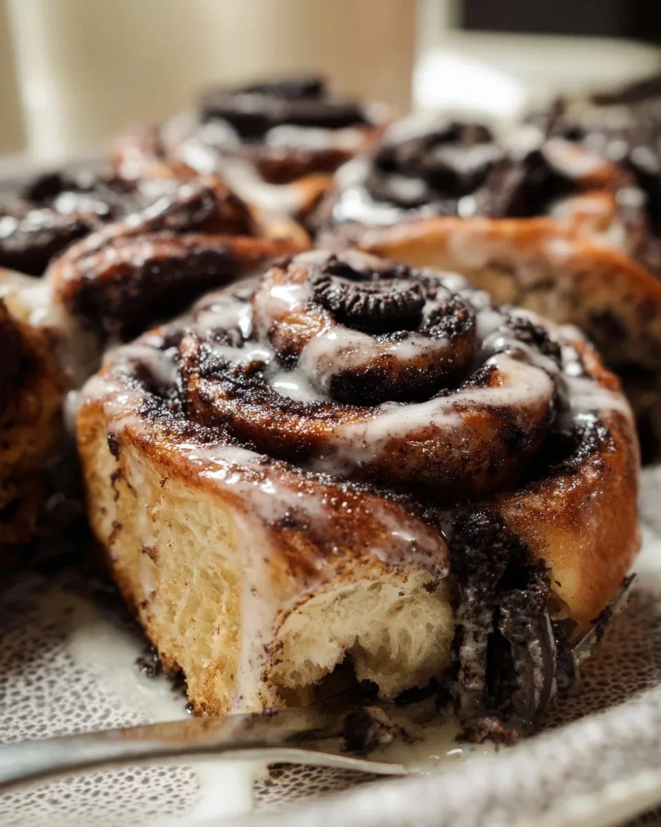Oreo Cinnamon Rolls topped with cream frosting and crushed Oreos on a plate