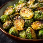 Crispy Parmesan Garlic Roasted Brussels Sprouts with a golden finish