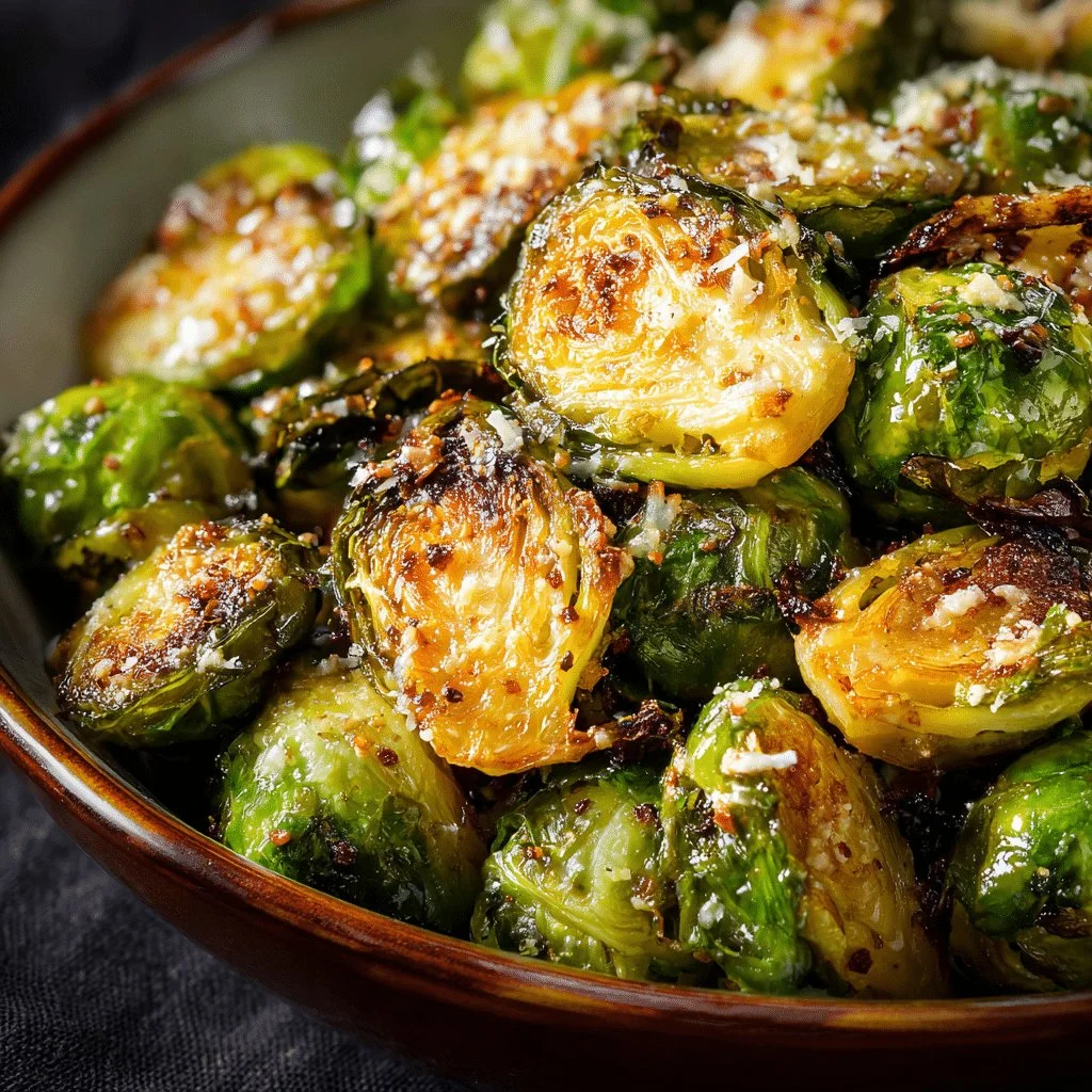 Crispy Parmesan Garlic Roasted Brussels Sprouts with a golden finish