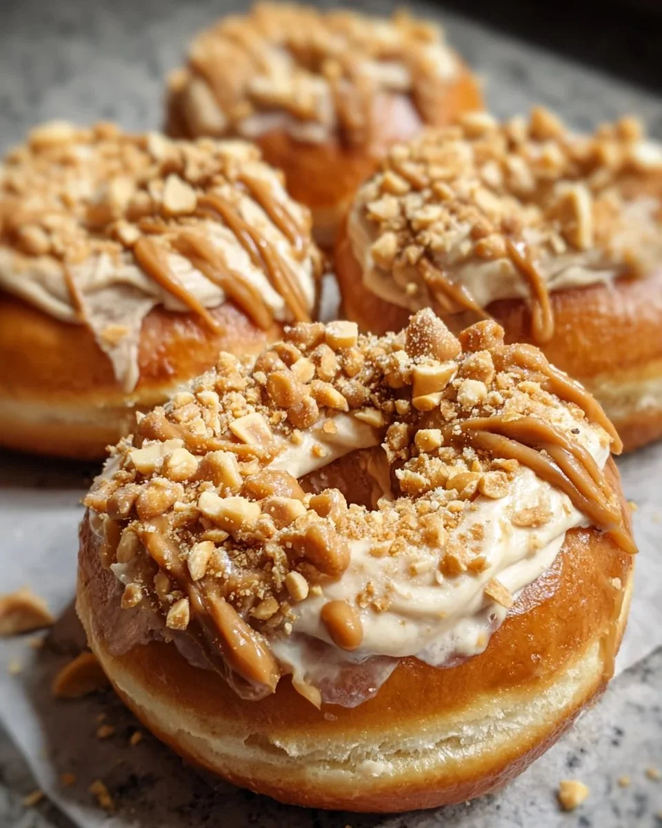 Delicious peanut butter cheesecake donuts topped with creamy frosting.